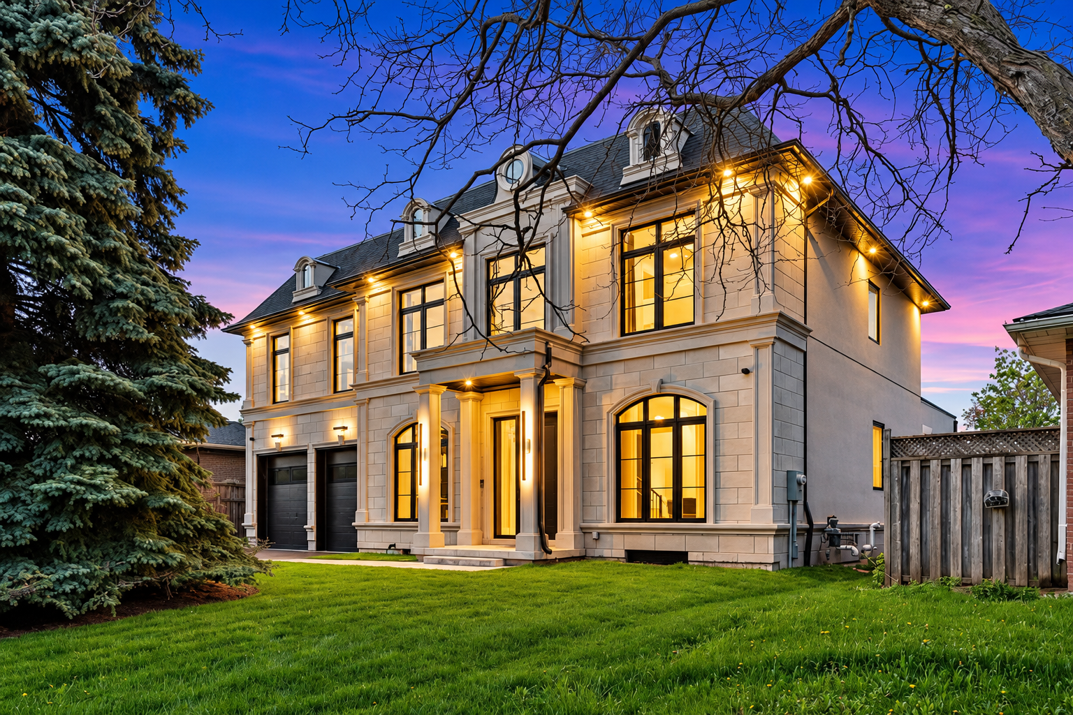 Elegant stone home with warmly lit windows at dusk